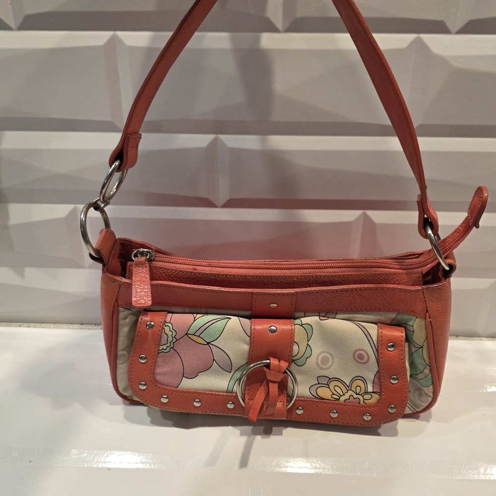 Y2K WILSON LEATHER Pelle Studio Pink Salmon Floral Print Shoulder‎ Small Purse